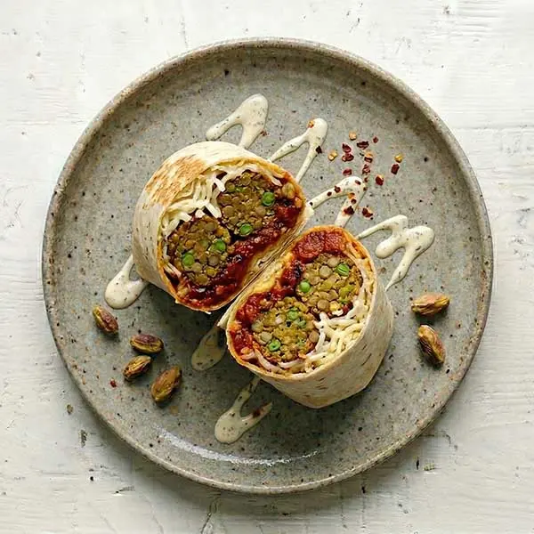 Lentil and peas  croquette Wrap with Cheese and spiced tomato sauce